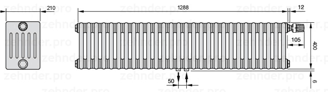 Схема (чертеж) Радиатор Zehnder Charleston 6040/28 №V008 Белый глянцевый RAL 9016